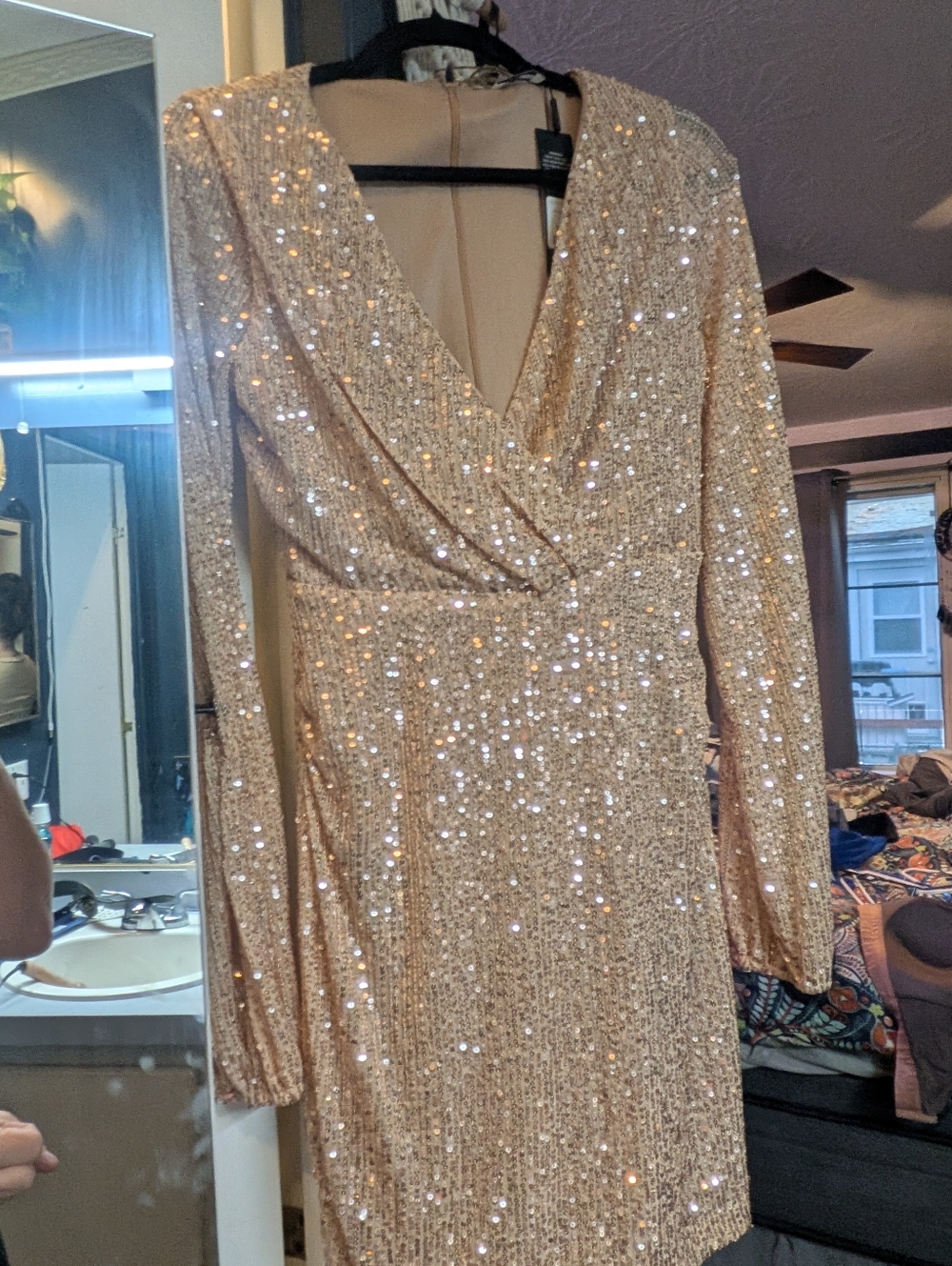 Fashion Nova Champagne Gold Sequin Long Sleeve Dress